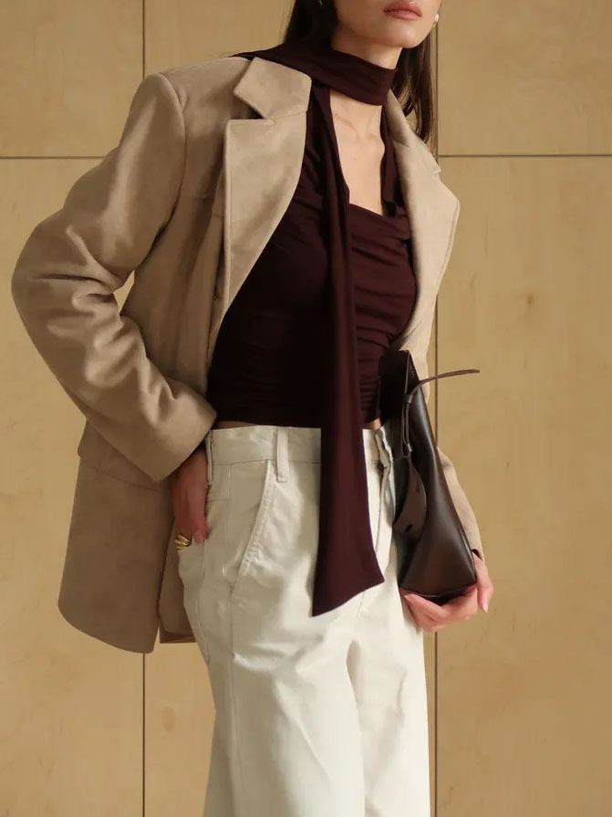 Ribbon V-neck Scarf Long-sleeved Base Shirt - Image 18