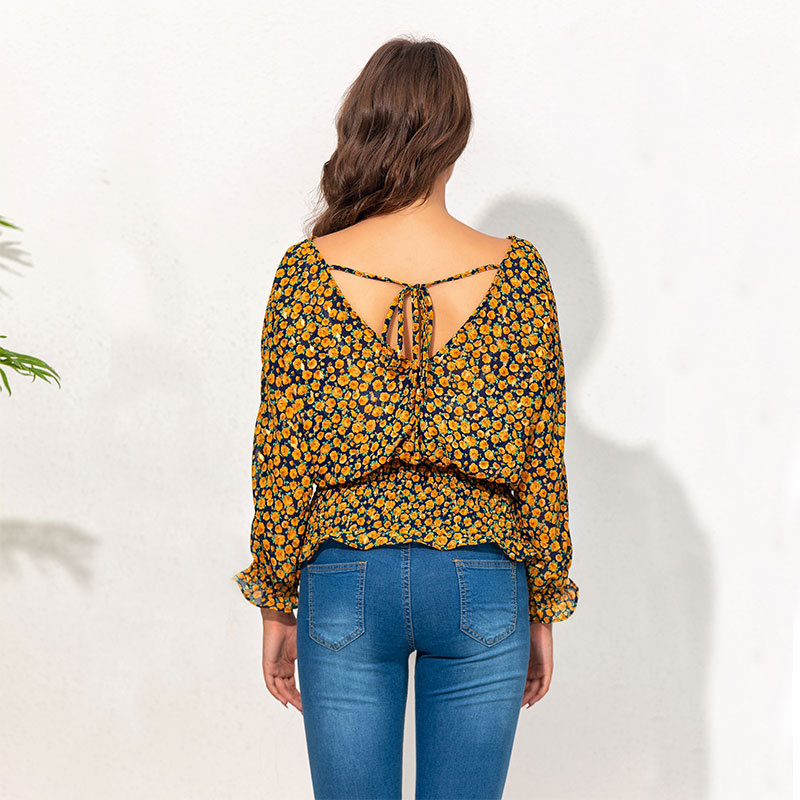 Title 3, Long-sleeved Deep V-neck Floral Waist Top