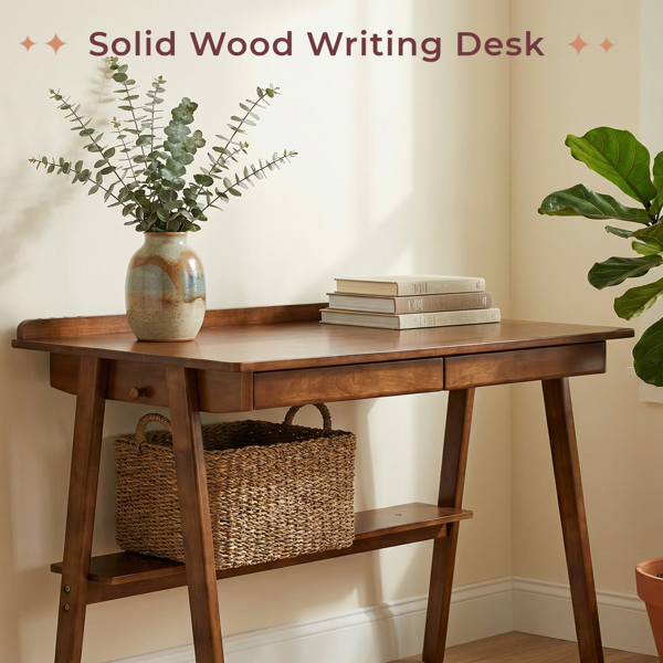 Solid Wood Writing Desk, Home Office Desk For Small Spaces, Mid Century Modern Desks With 2 Drawers & Storage Shelf, Standing Desk With Side Hooks For Study, Bedroom, Office  Walnut — foto 3