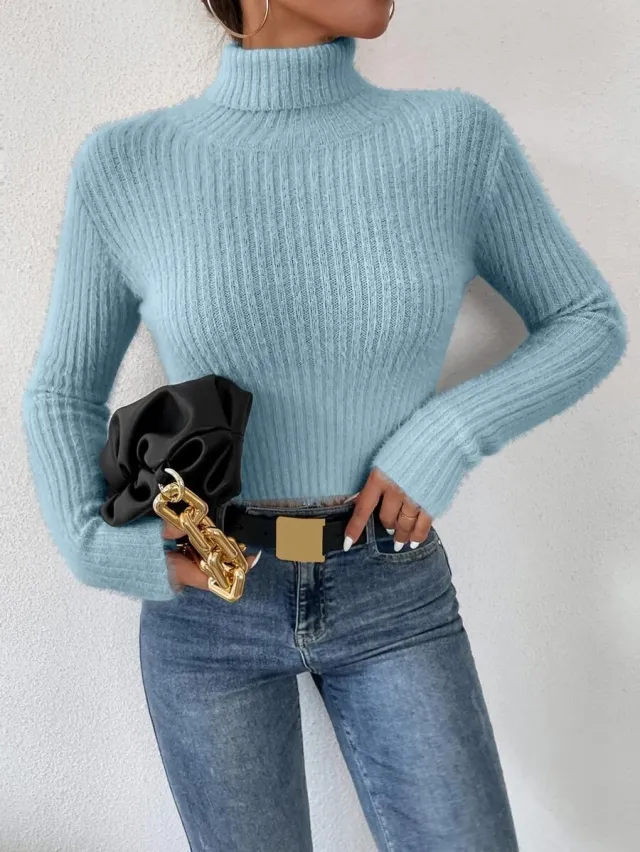 Long sleeved Mink like Sweater Bottoming Shirt Sky Blue - Shop at LoveMi
