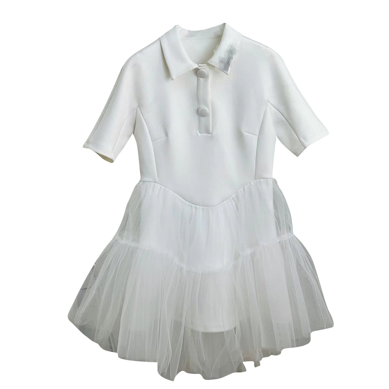 Slender Mesh Stitching Design Sense Short-sleeved Dress Women's Western Style