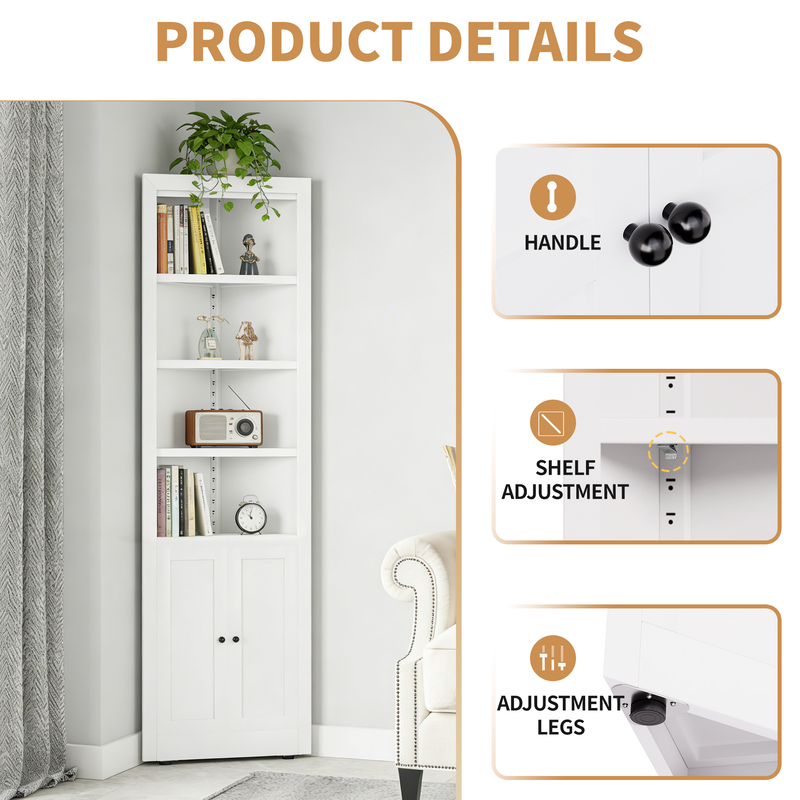 71in White Corner Storage Cabinet W 2 Doors, 5-Tier Metal Shelving Unit For Kitchen Pantry Living Room Bathroom Laundry 9