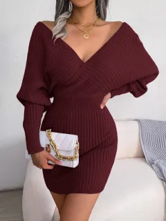 Cross V-Neck Batwing Sleeve Bodycon Sweater Dress - Burgundy - View 1