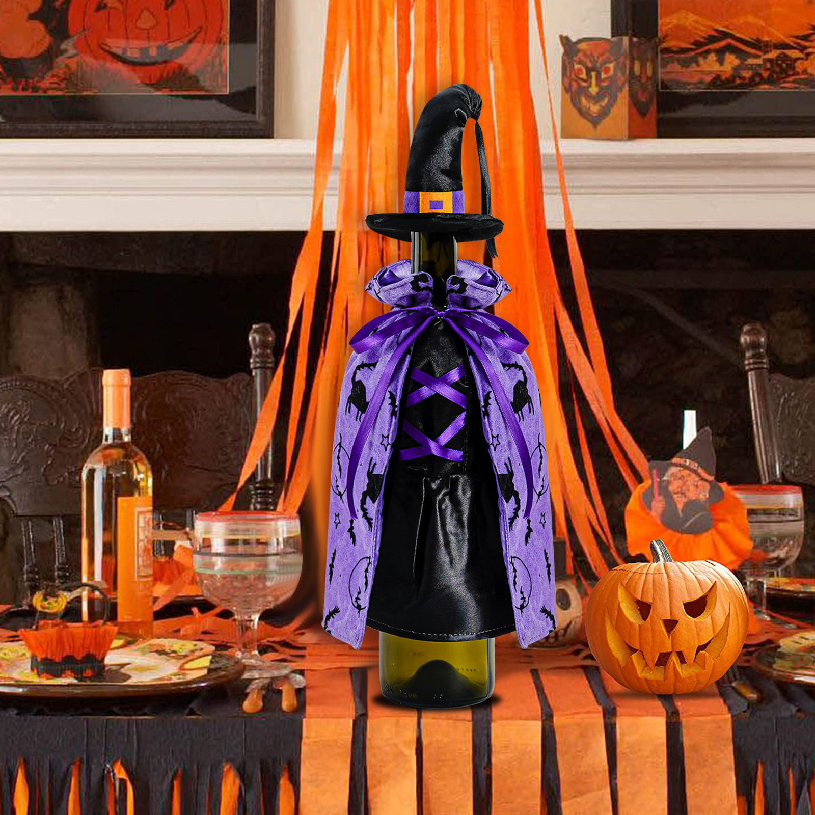 Halloween decoration black witch cloak hat bottle cover