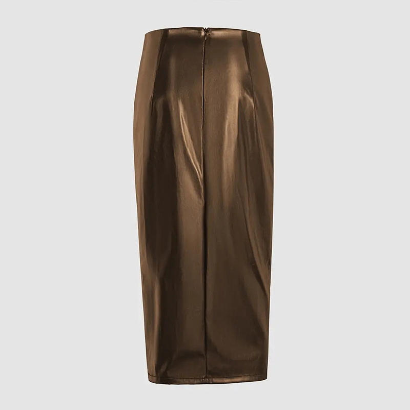 Women's Solid Color PU Leather Pencil Skirt, Drawstring Waist Bodycon Midi Skirt With Slit Hem