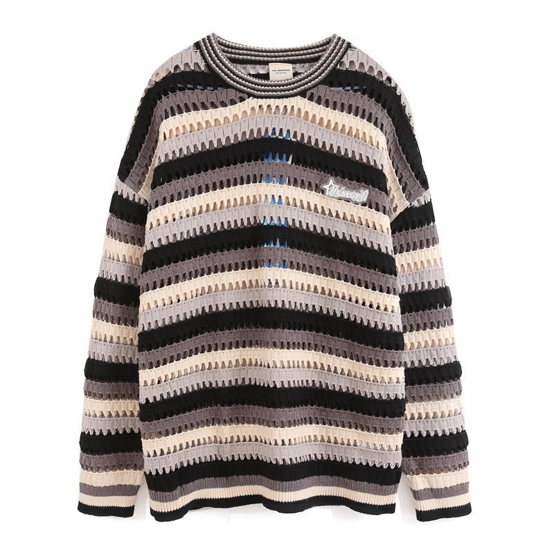 Title 3, Contrast Color Stripes Hollow Out Sweater Men