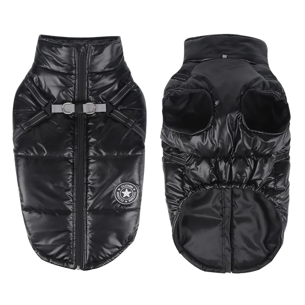 Windproof And Warm Reflective Webbing Big Dog Cotton Coat Pet Clothing - Black