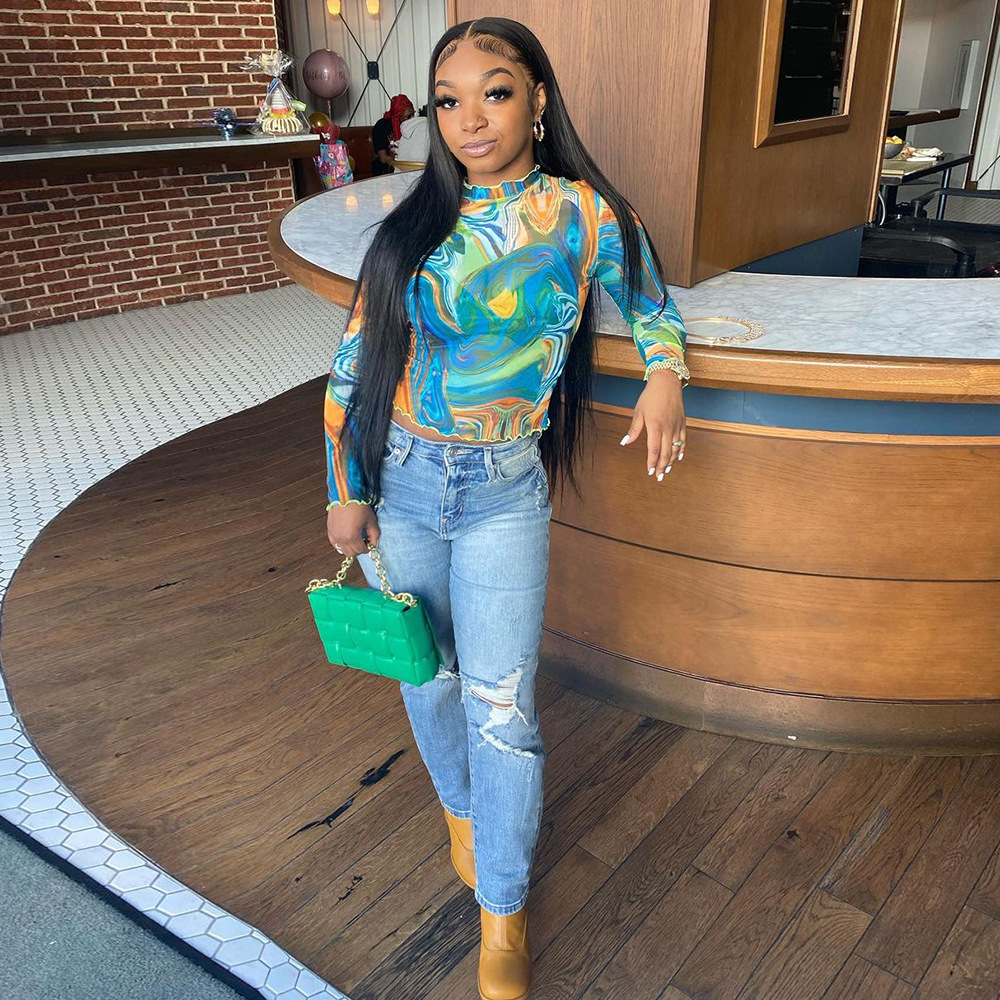 Mesh Sheer Tie Dye Long Sleeve T-Shirt Ladies Top