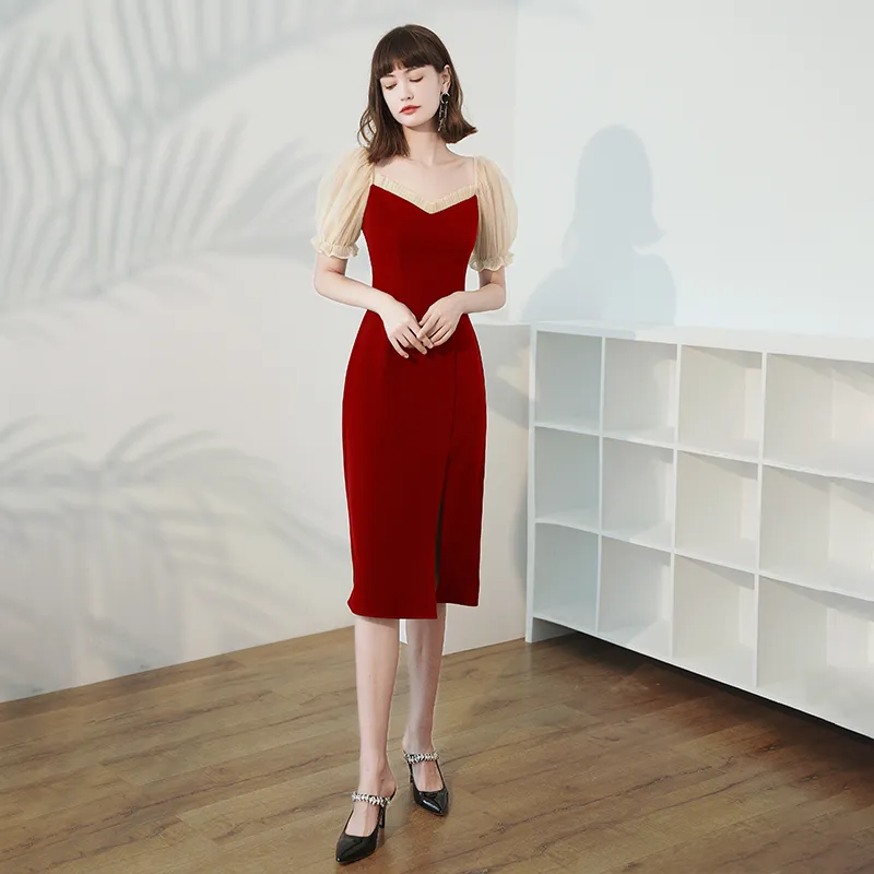 Burgundy Medium Length Dress For Women - Wine Red