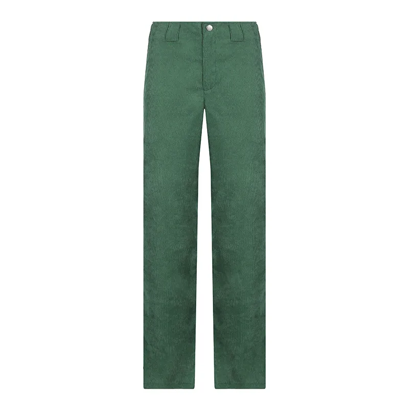 High Waist Casual Corduroy Straight Fit Solid Color Pants - Green