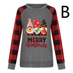 Round Neck Long-sleeved Color Matching Plaid Christmas Print Sweater Women - View 1