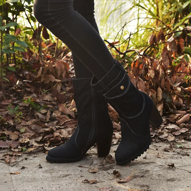 Plus Size High Heel Denim Mid Tube Women Boots Black - Shop at LoveMi