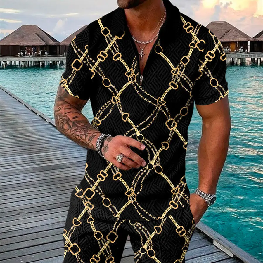 Men's Summer Fashion 3D Printed Short Sleeve Geometric Zip