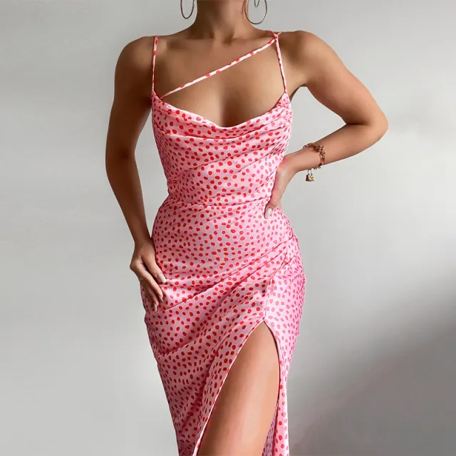 Trendy Slim Print Sling Slit Dress Pink - Shop at LoveMi