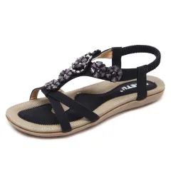 Sandals Women's Bohemian Flowers Rhinestone Flats Beach Shoes - Black - View 1