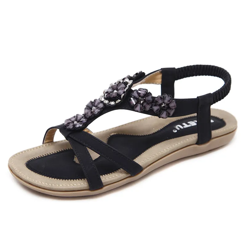 Sandals Women's Bohemian Flowers Rhinestone Flats Beach Shoes - Black