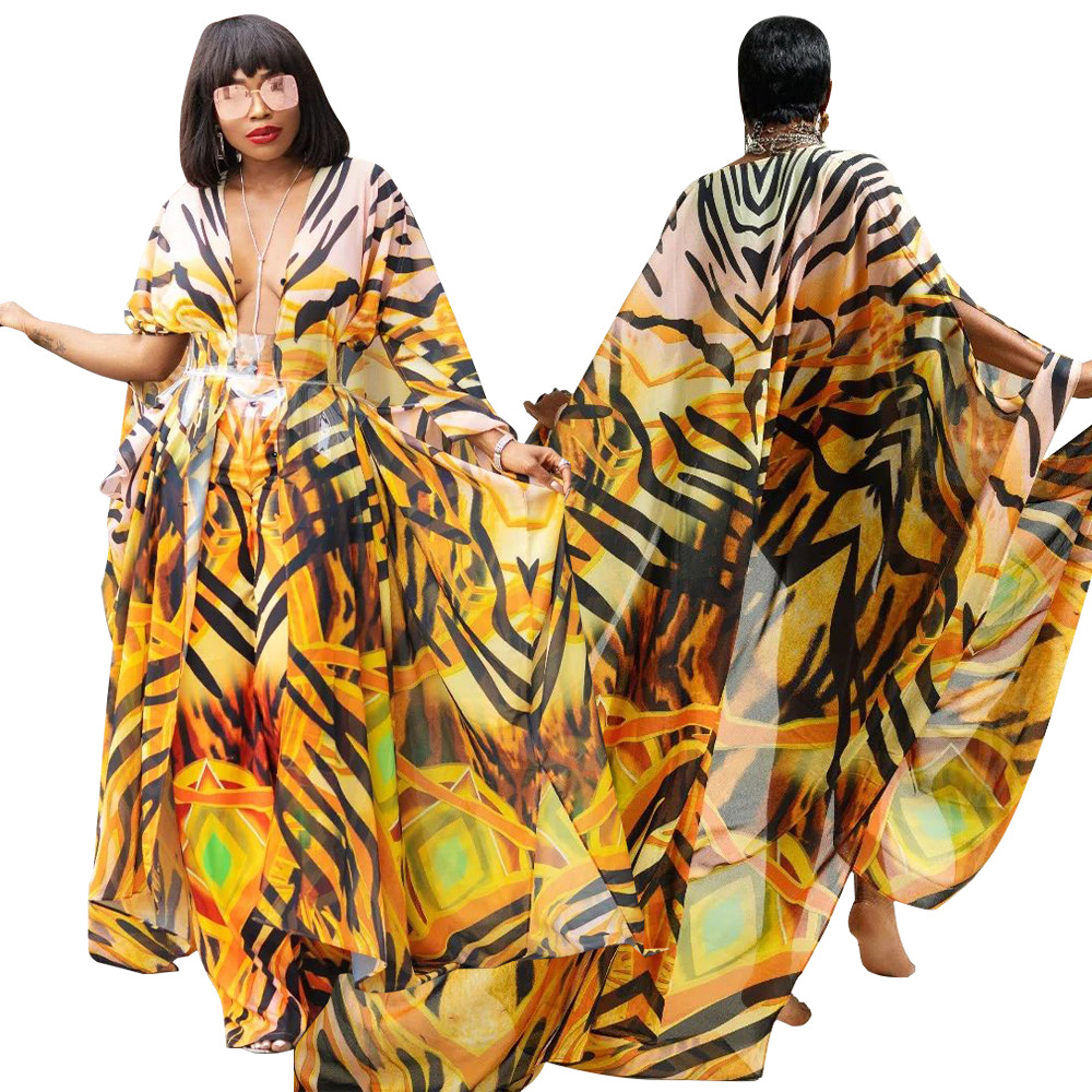 Women's V-neck Casual Printed Jacket With Perspective Chiffon Shirt