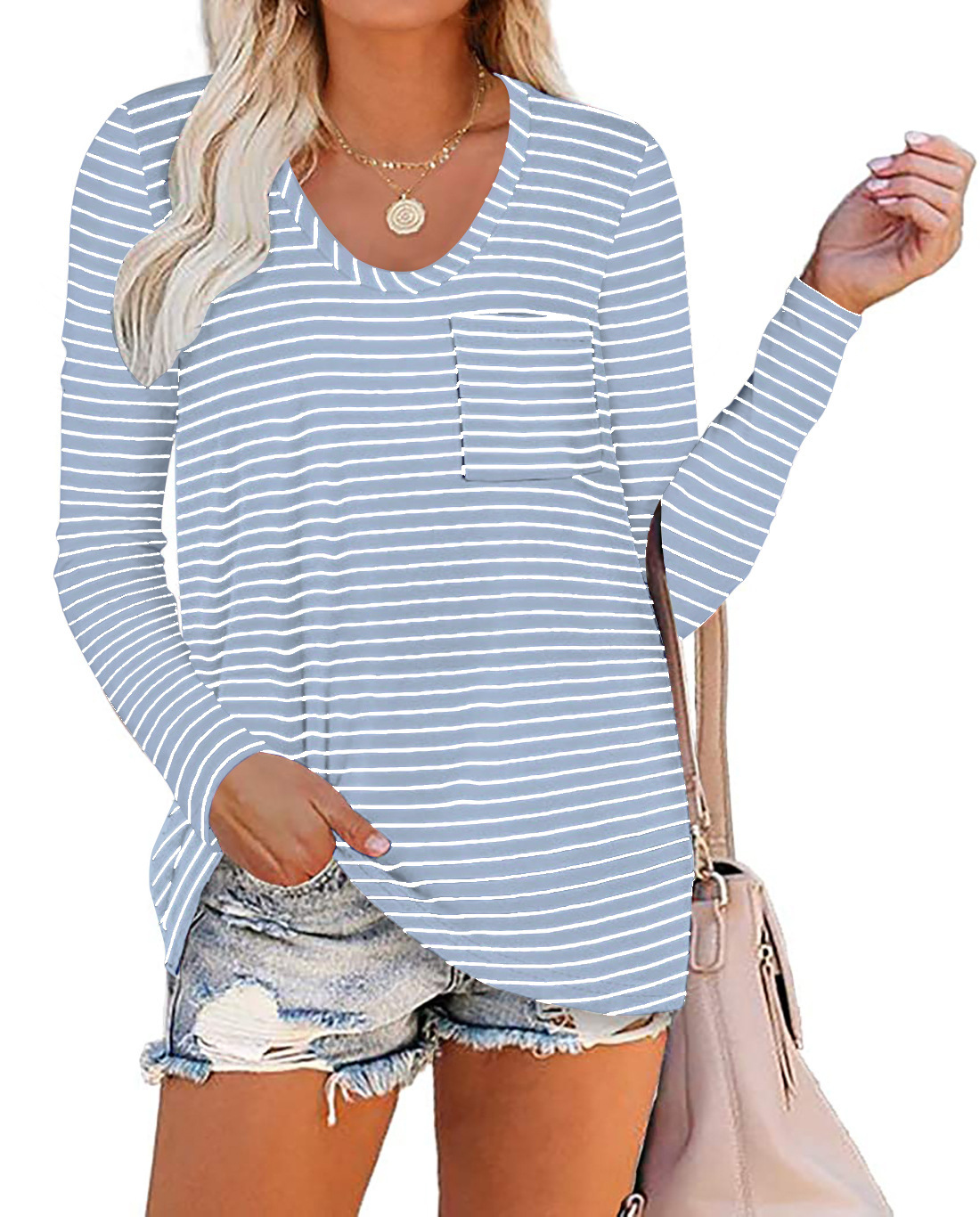 Independent Station Hot Sale Long Sleeve Round Neck Pocket Striped T-shirt