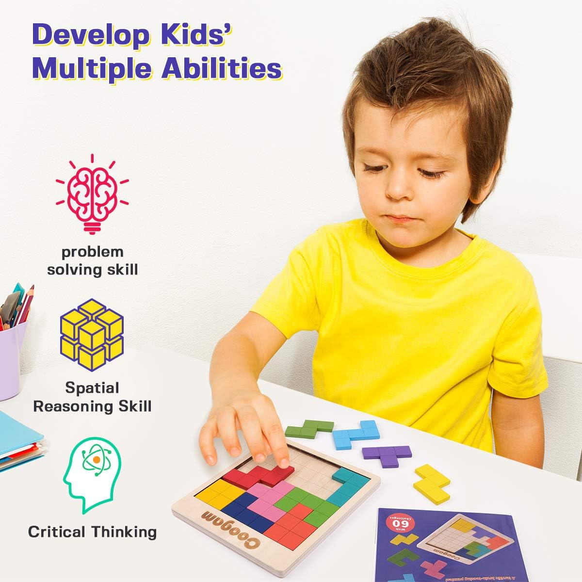 Wooden Pattern Blocks Puzzle With 60 Challenges, 3D Tangram Brain Teaser Game For Kids And Adults, STEM Learning Toy 5