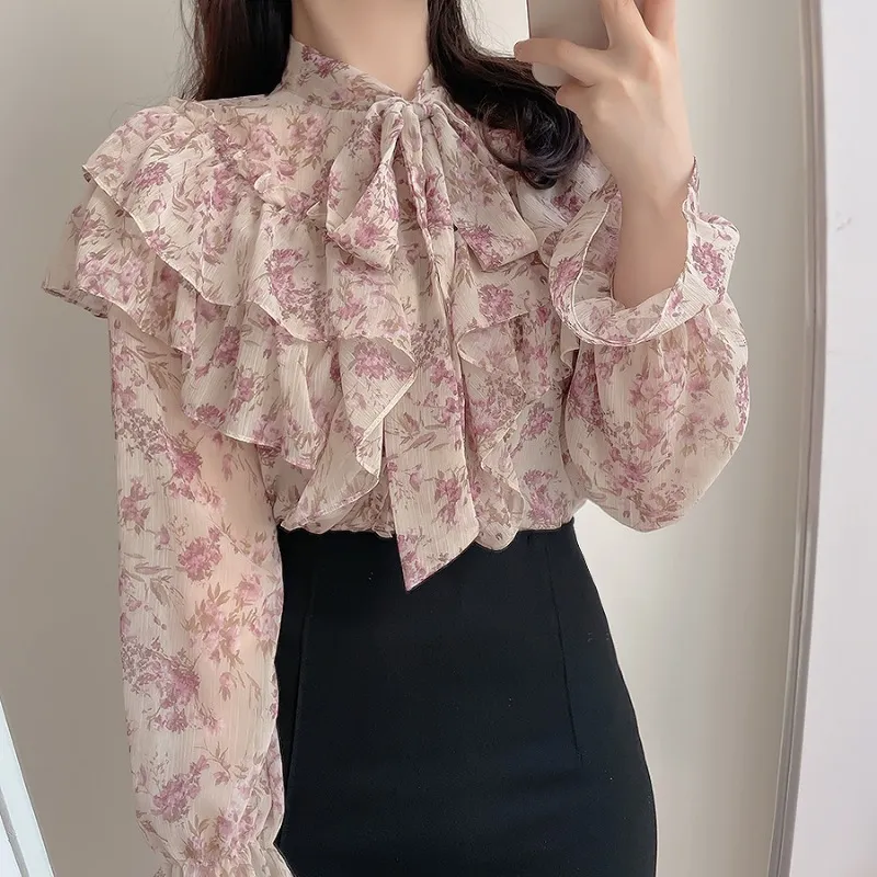 Design Sense Bow Chiffon Shirt Floral Shirt Women's Top - Beige