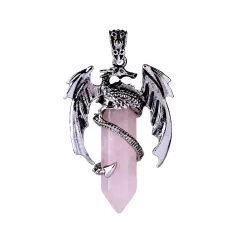 Dragon Shaped Brass Necklace With White K-Hard Accessories - Rose Quartz - View 1