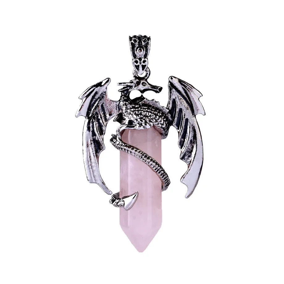 Dragon Shaped Brass Necklace With White K-Hard Accessories - Rose Quartz