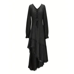Women's Solid Color Deep V-Neck Irregular Ruffle Hem Sexy Tie-Waist With Cuffed Sleeves Summer Gothic Lace Trim Midi Dress - Black - View 1