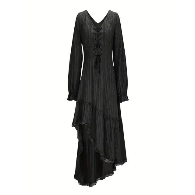 Women's Solid Color Deep V Neck Irregular Ruffle Hem Sexy Tie Waist With Cuffed Sleeves Summer Gothic Lace Trim Midi Dress Black - Shop at LoveMi