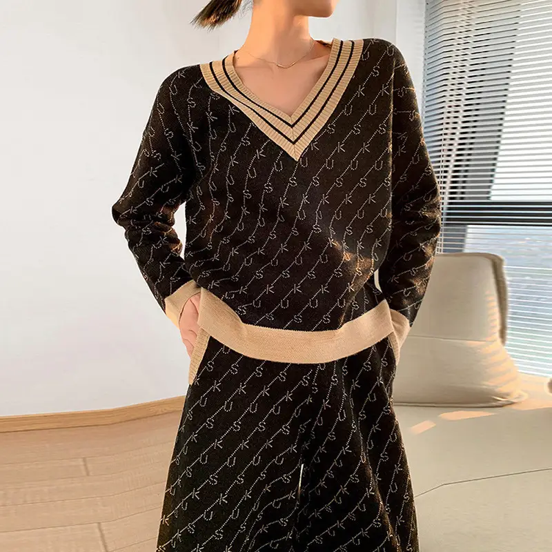 Temperament Was Thin Sweater Jacquard Two Piece Suit