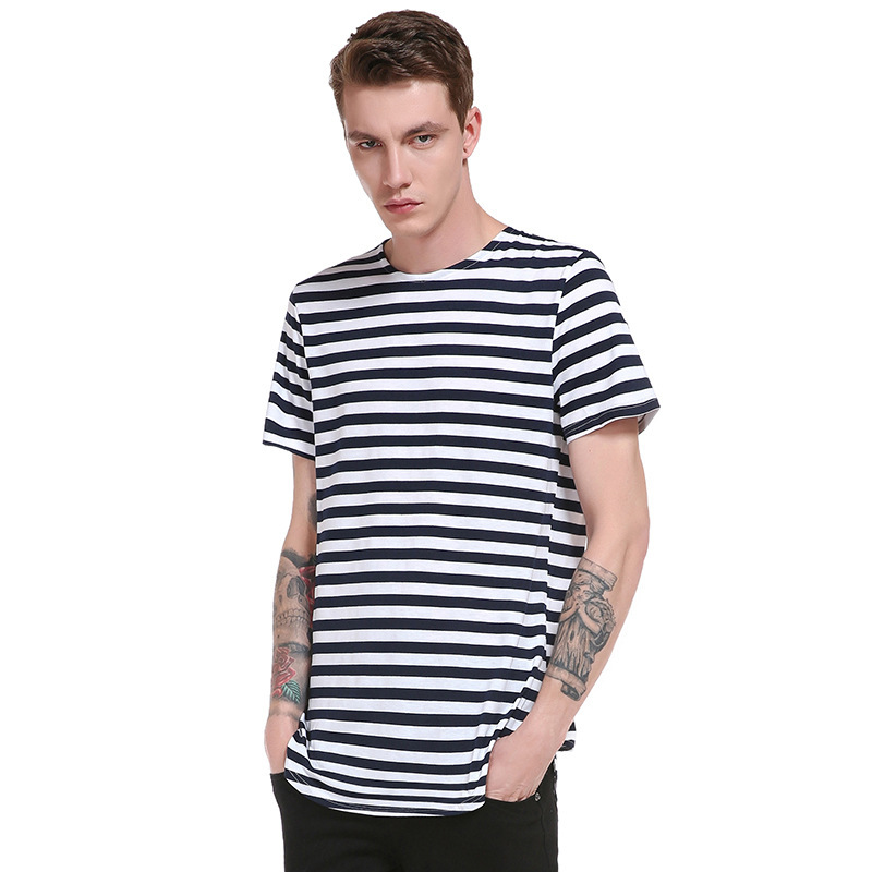 Men's Round Hem High Street Stripe Long Short Sleeve T-Shirt