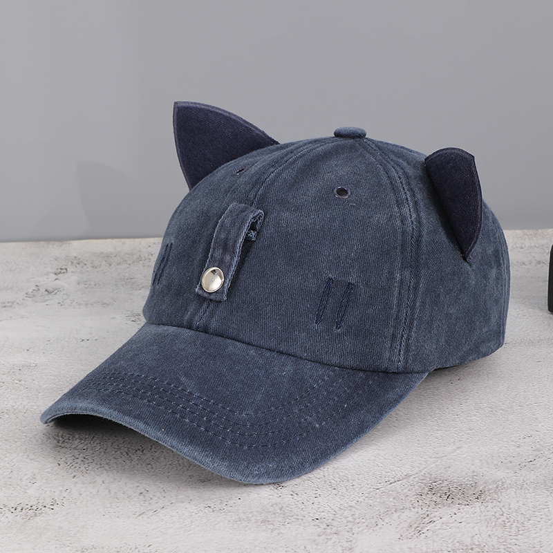 Washed And Distressed Three-dimensional Cat-ear Cat Whiskers Hole Baseball Cap, Sweet And Cool Street Style Daily Sun Protection