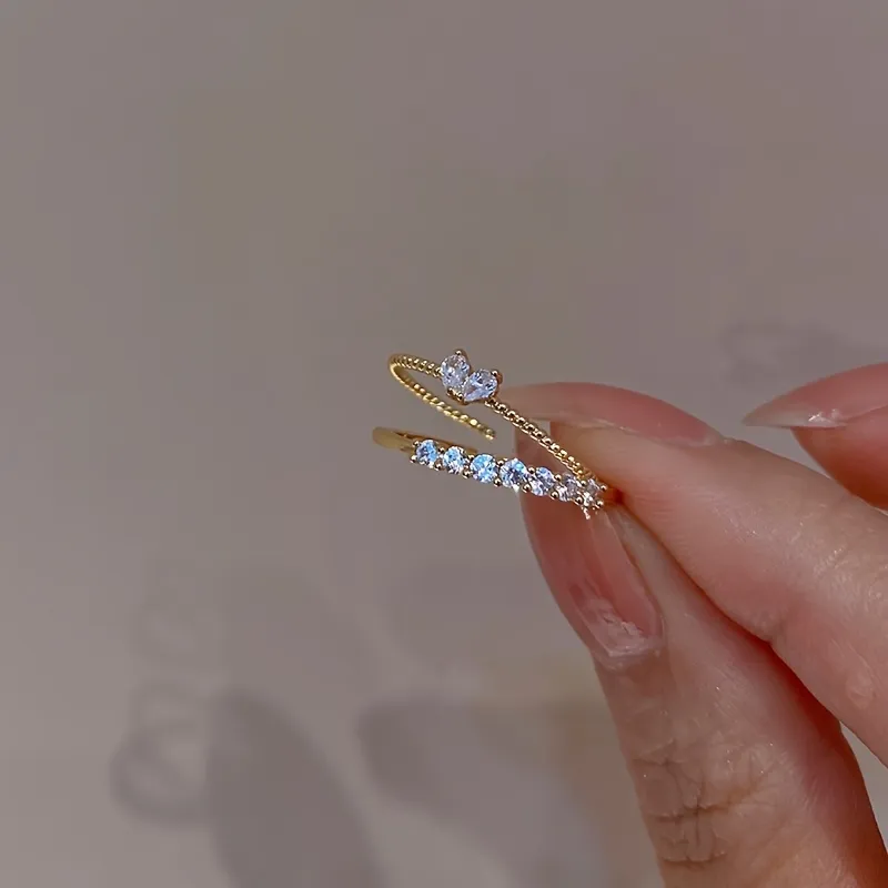 Women's Luxury Elegant Design Adjustable Heart Rhinestone Stackable Ring Set, Perfect For Daily Gatherings, Music Festivals & Banquets, Ideal Gift For Friends