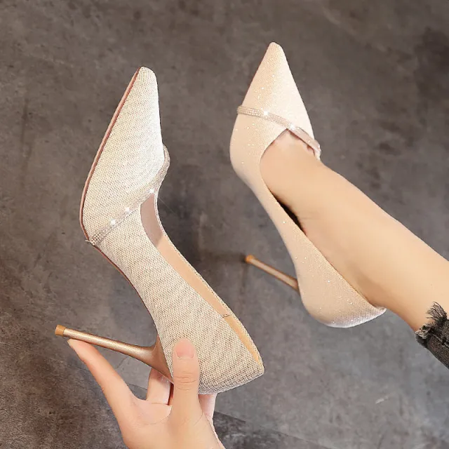 Spring And Autumn All match French Girl Pointed Rhinestone Stiletto Banquet High Heels Gold - Shop at LoveMi