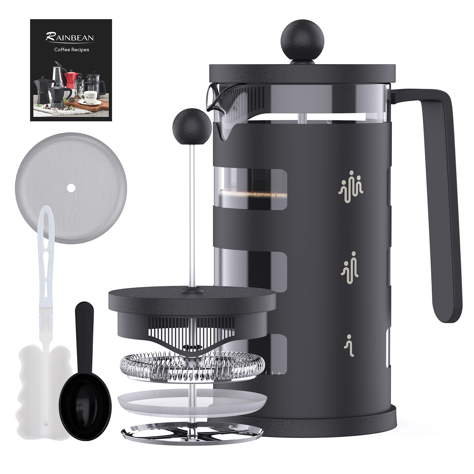 RAINBEAN French Press Coffee Maker - Heat Resistant Glass. FRIENDLY COFFEE MAKER: Unique design with HUMAN-SHAPED logo, means sharing happiness with family and friends! 350ml/12 ounces french press makes 2-3 cups of coffee could enjoy, you could brew deli