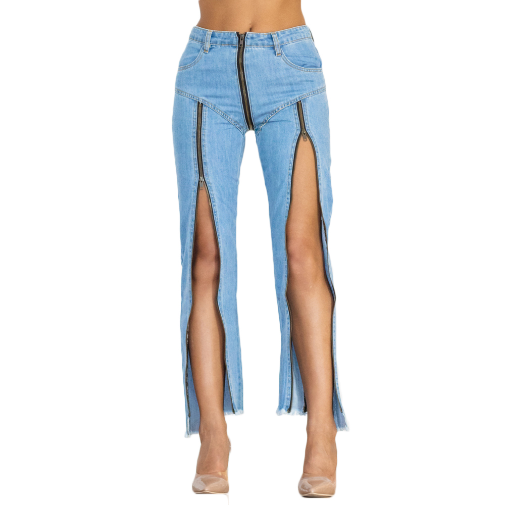 BEYONDARY Women's Light Blue Split Straight Jeans – Slim Fit Zipper Denim Pants for Club & Dance