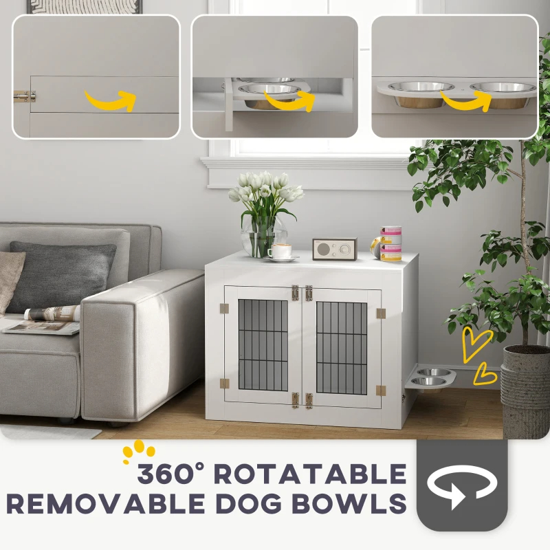 PawHut Dog Crate Furniture With 360 Rotatable Removable Dog Bowls, Dog Kennel Furniture For Medium Dogs, White