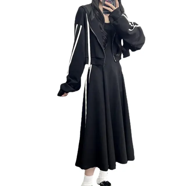 Women's Sports Suit Skirt Coat Temperament Leisure Black Long Twinset - Shop at LoveMi