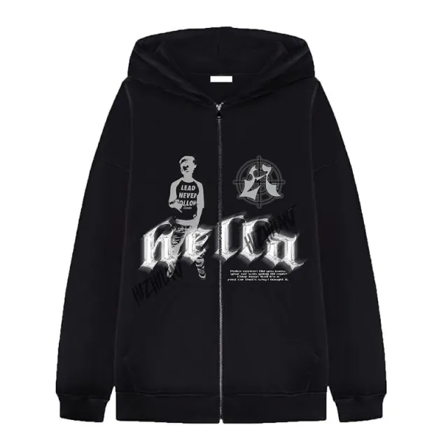 Street Hip Hop Goth Harajuku Black Zip Hoodie Women Black - Shop at LoveMi