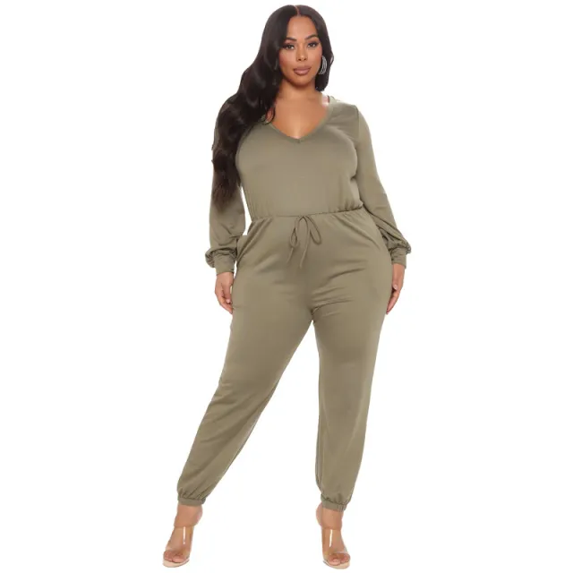 Women's V Neck Back Cutout Long Sleeve Casual Waist Jumpsuit Army Green - Shop at LoveMi