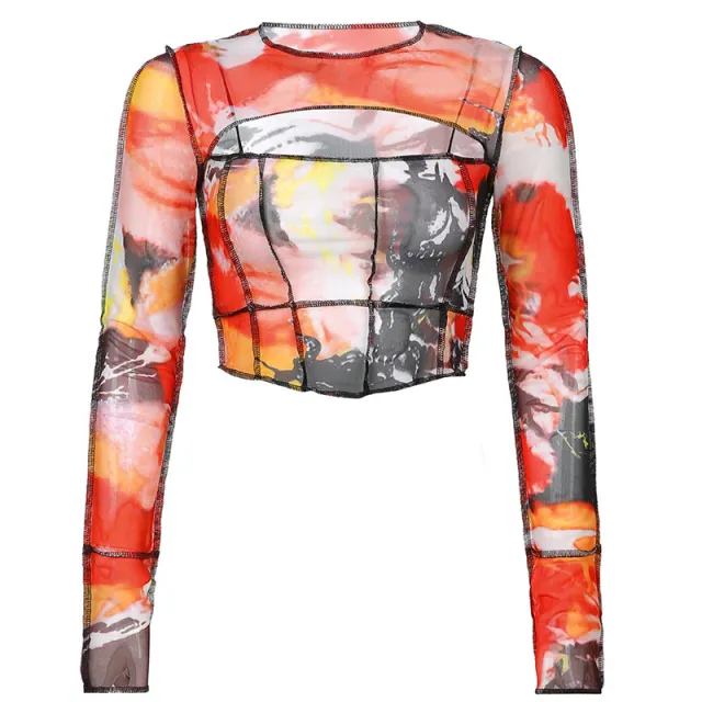Mesh Short Crop Long Sleeve T shirt Printed Hollowed Out Top Orange - Shop at LoveMi