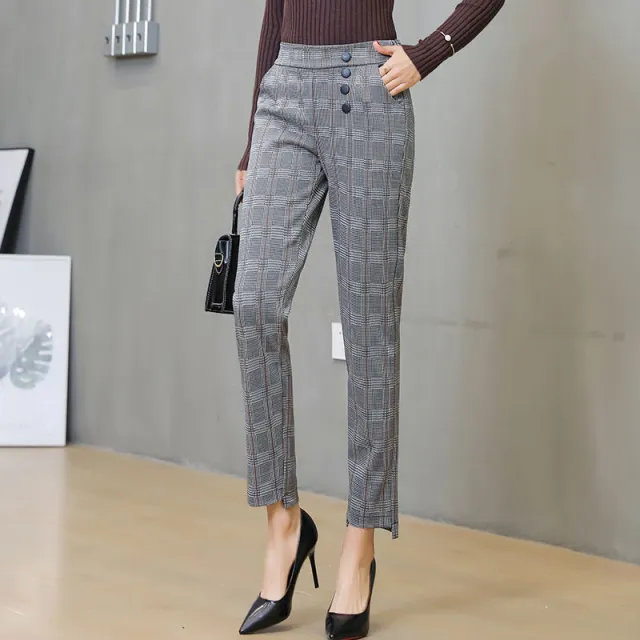 Women's Casual Pants Small Feet Harem Pants Check Four Buttons - Shop at LoveMi