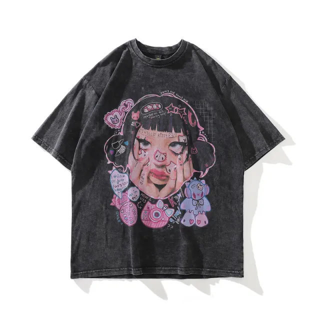 High Street Retro Old Washed Cartoon Print Short sleeved T shirt Men's And Women's Style Hip hop Loose Half sleeve Top Black - Shop at LoveMi