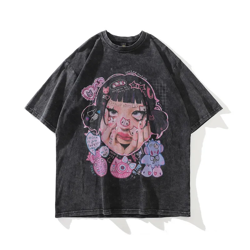 High Street Retro Old Washed Cartoon Print Short-sleeved T-shirt Men's And Women's Style Hip-hop Loose Half-sleeve Top - Black