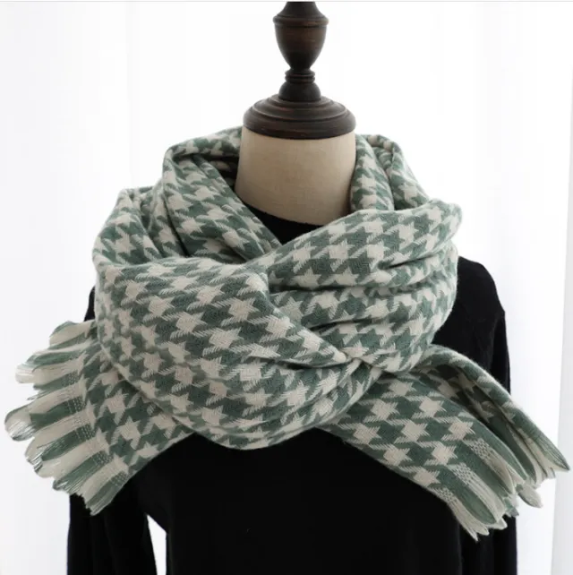 Houndstooth Cashmere Shawl Padded Warm Scarf Green - Shop at LoveMi