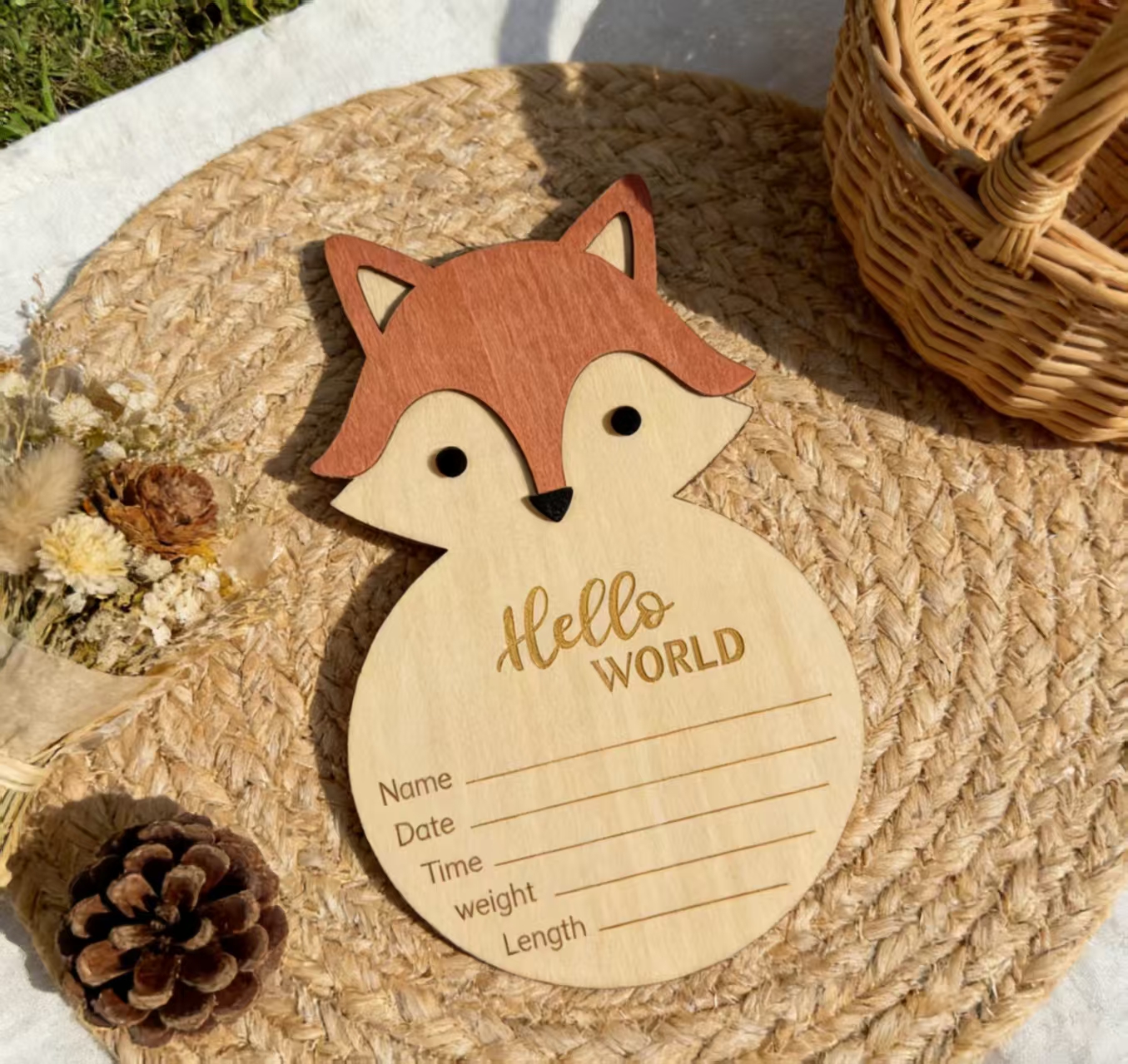 Wooden Baby Birth Announcement Sign Hello World Fox Lion Bear Newborn Photo Prop Birth Info Plaque