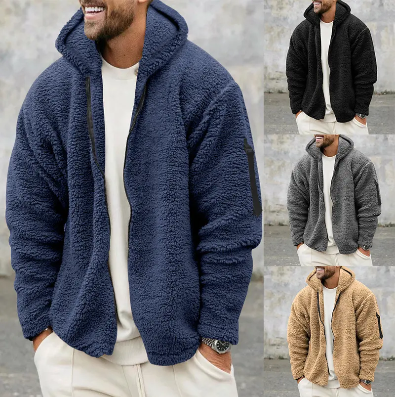 Plush Hooded Jacket Men's Autumn and Winter Fleece Double-sided