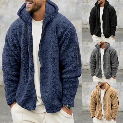 Plush Hooded Jacket Men's Autumn and Winter Fleece Double-sided