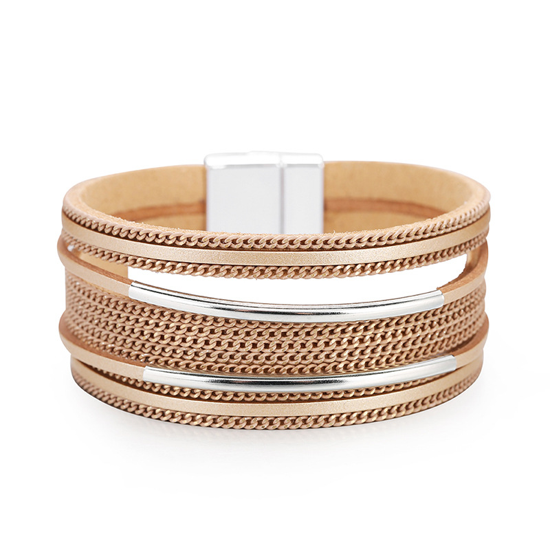 Multi-circle European And American Fashion Chain Copper Tube Leather Magnet Buckle Wide Side Bracelet