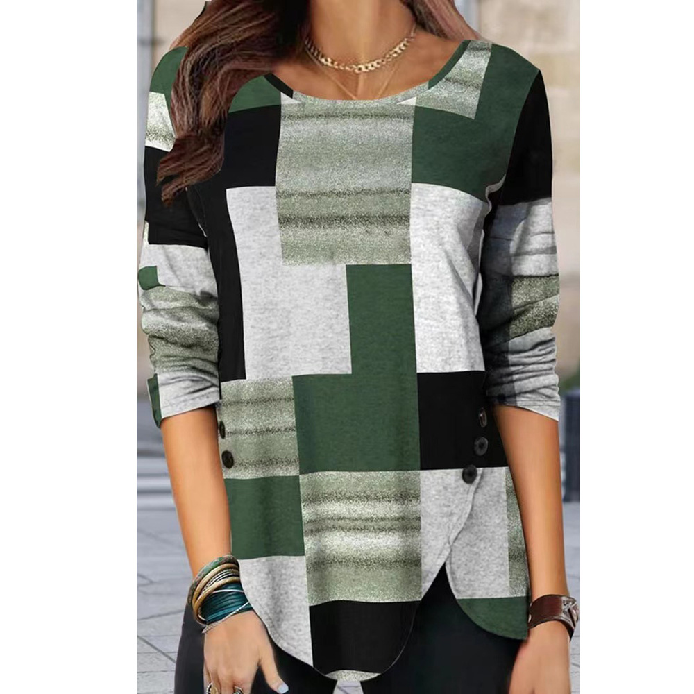 European And American Women's Plaid Long Sleeve Loose Round Neck T-shirt Top