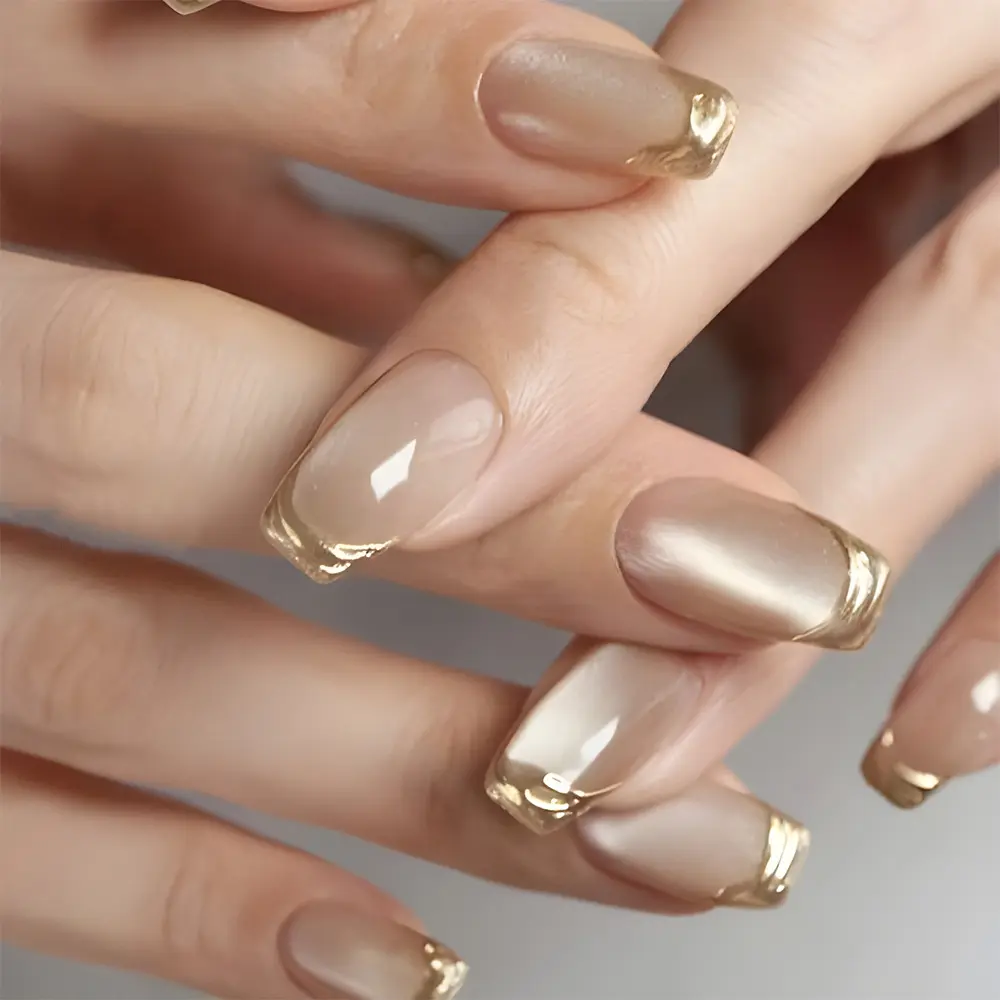 Of Short Rectangular 3D Gold-plated French-style Artificial